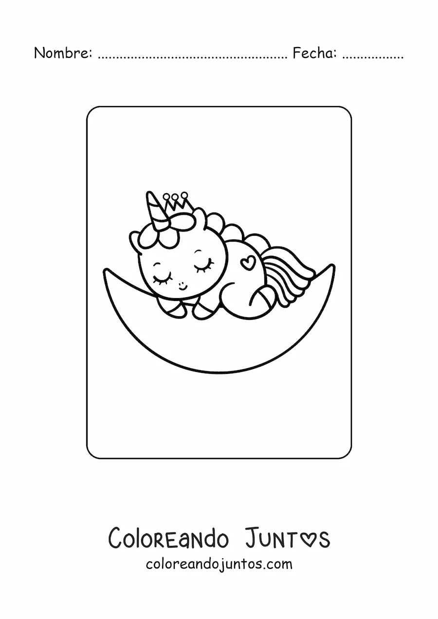 Imagen para colorear de unicornio kawaii bebé fácil bebé durmiendo en la luna
