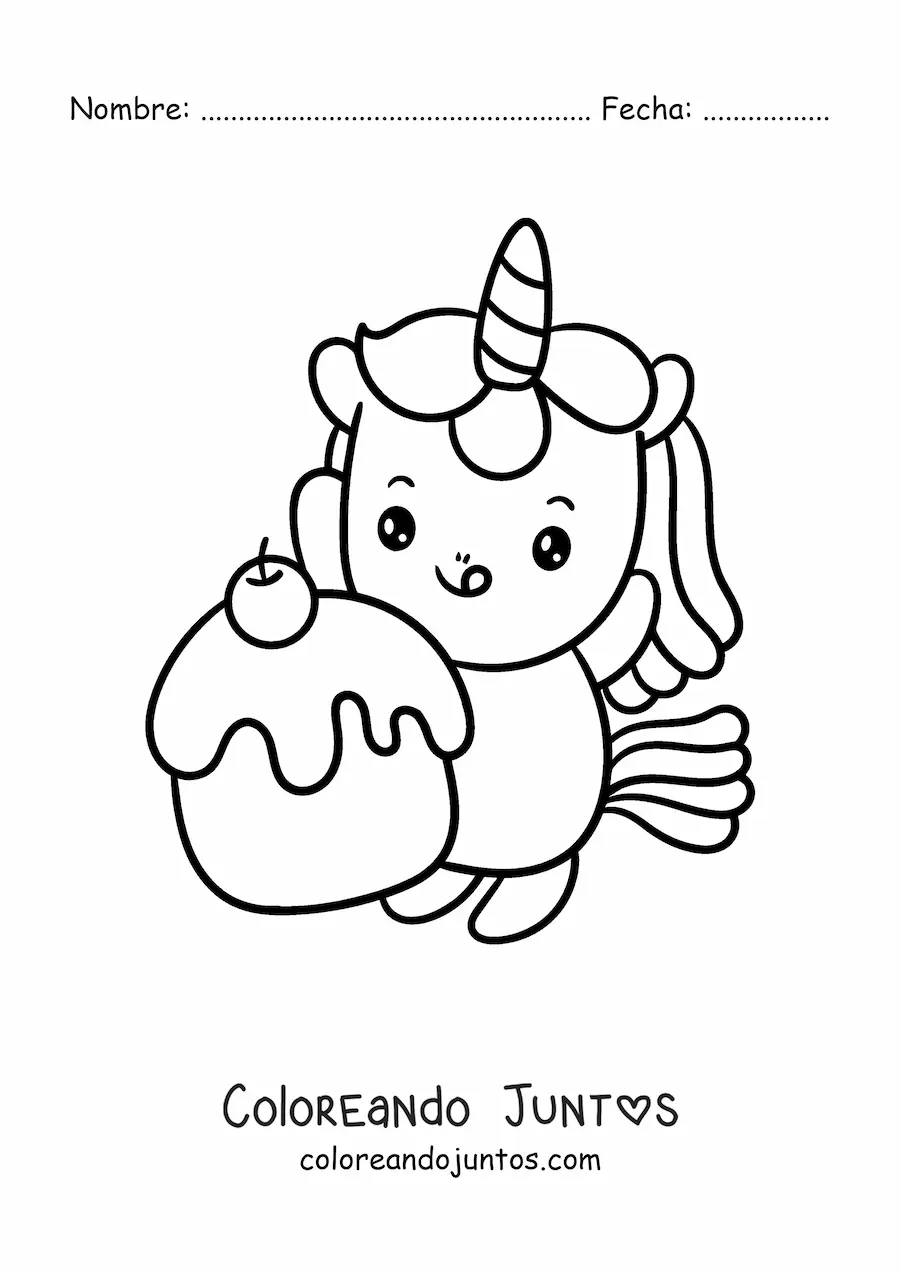 Imagen para colorear de unicornio kawaii fácil con un cupcake grande
