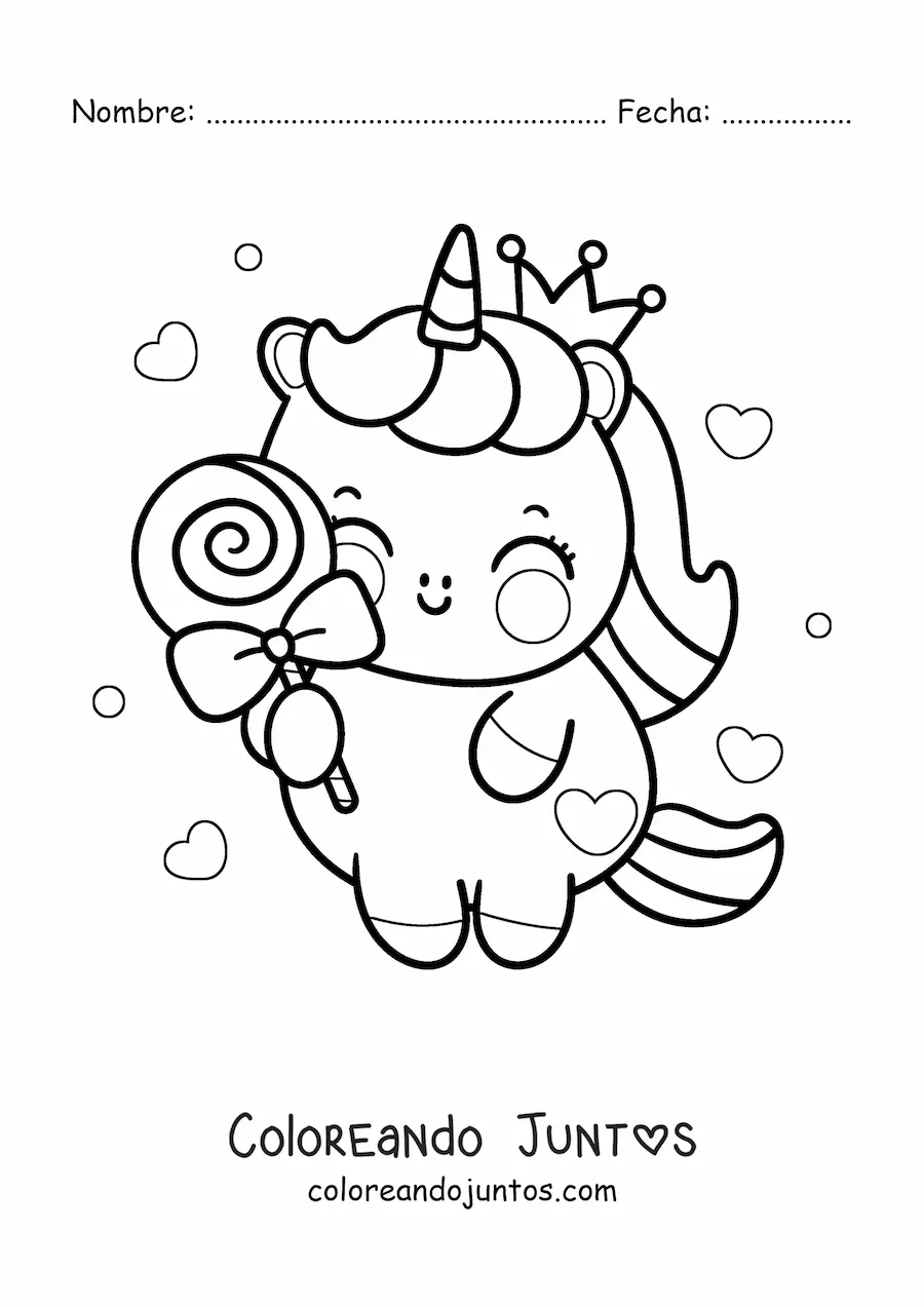 Imagen para colorear de unicornio kawaii con un dulce y corazones
