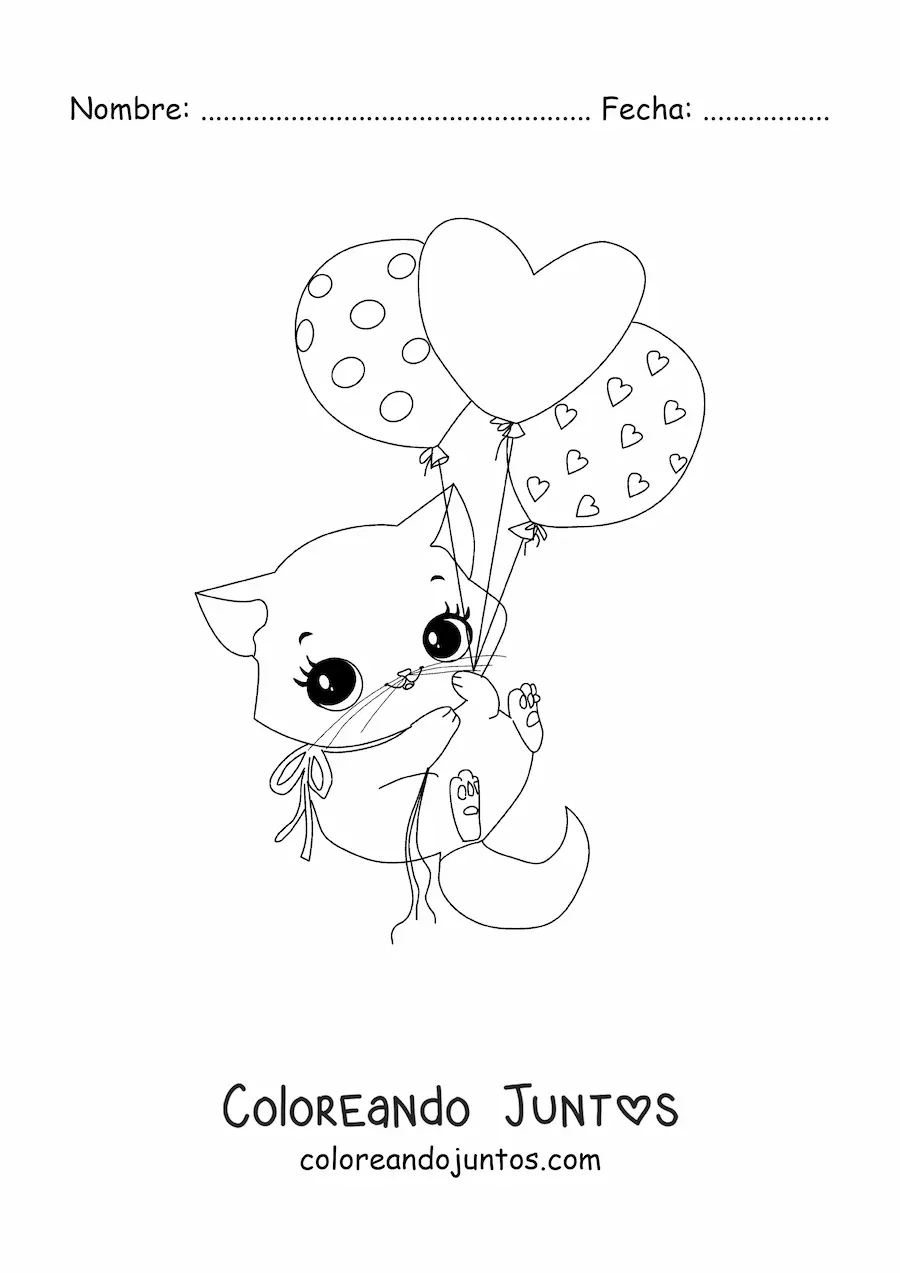 Imagen para colorear de gato kawaii con globos de corazones