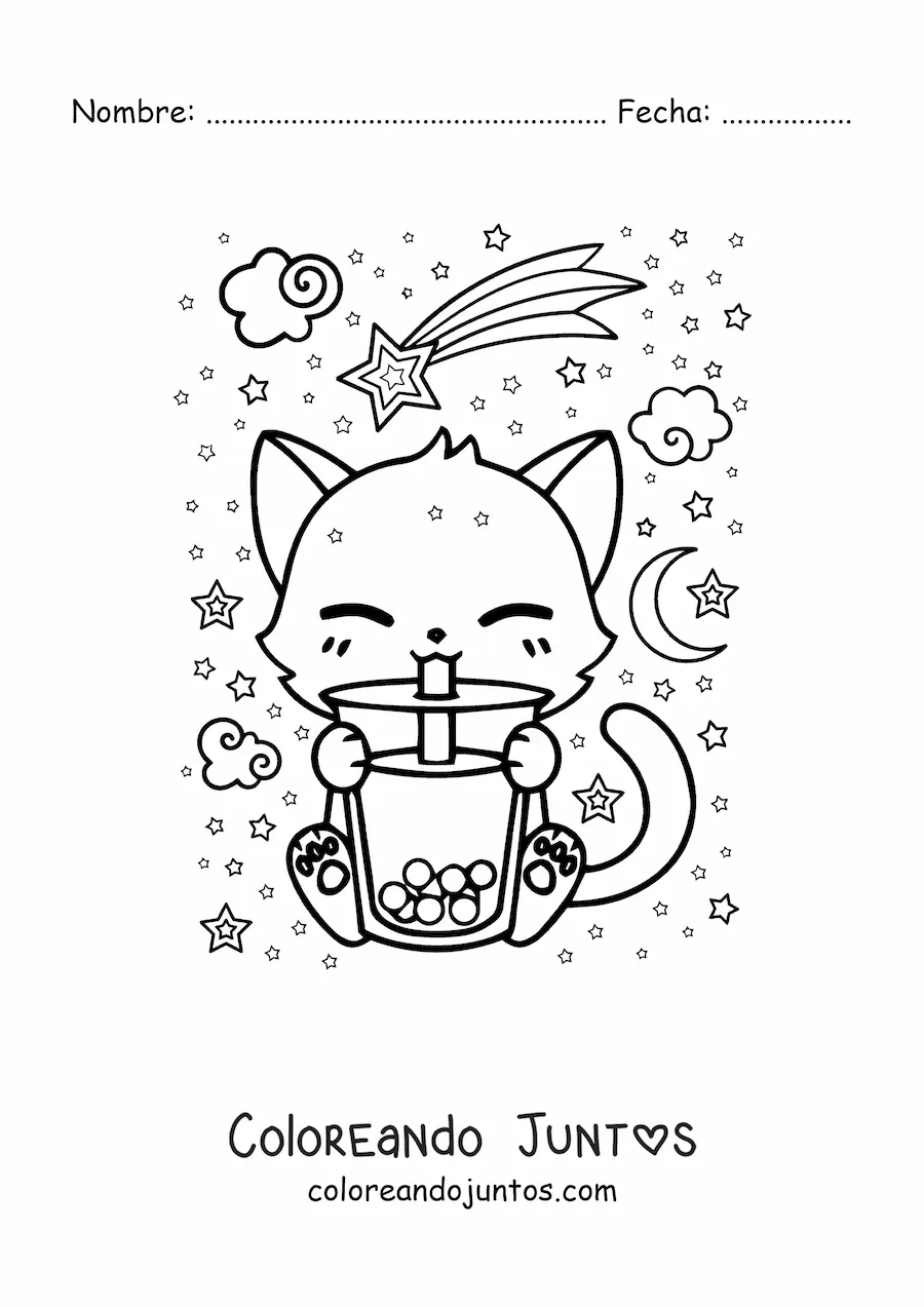 Imagen para colorear de gato kawaii bebiendo té boba