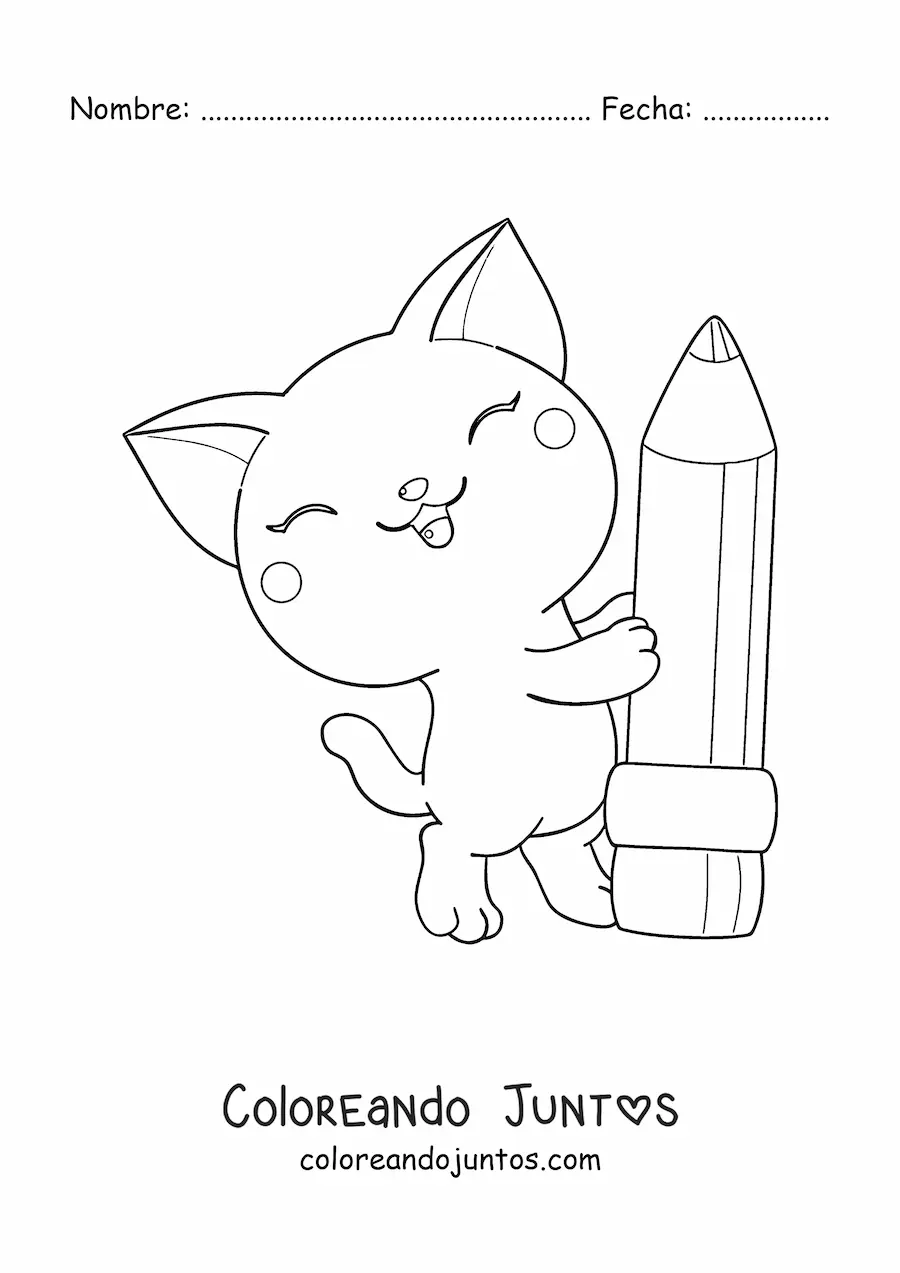 Imagen para colorear de gato kawaii con un lápiz escolar