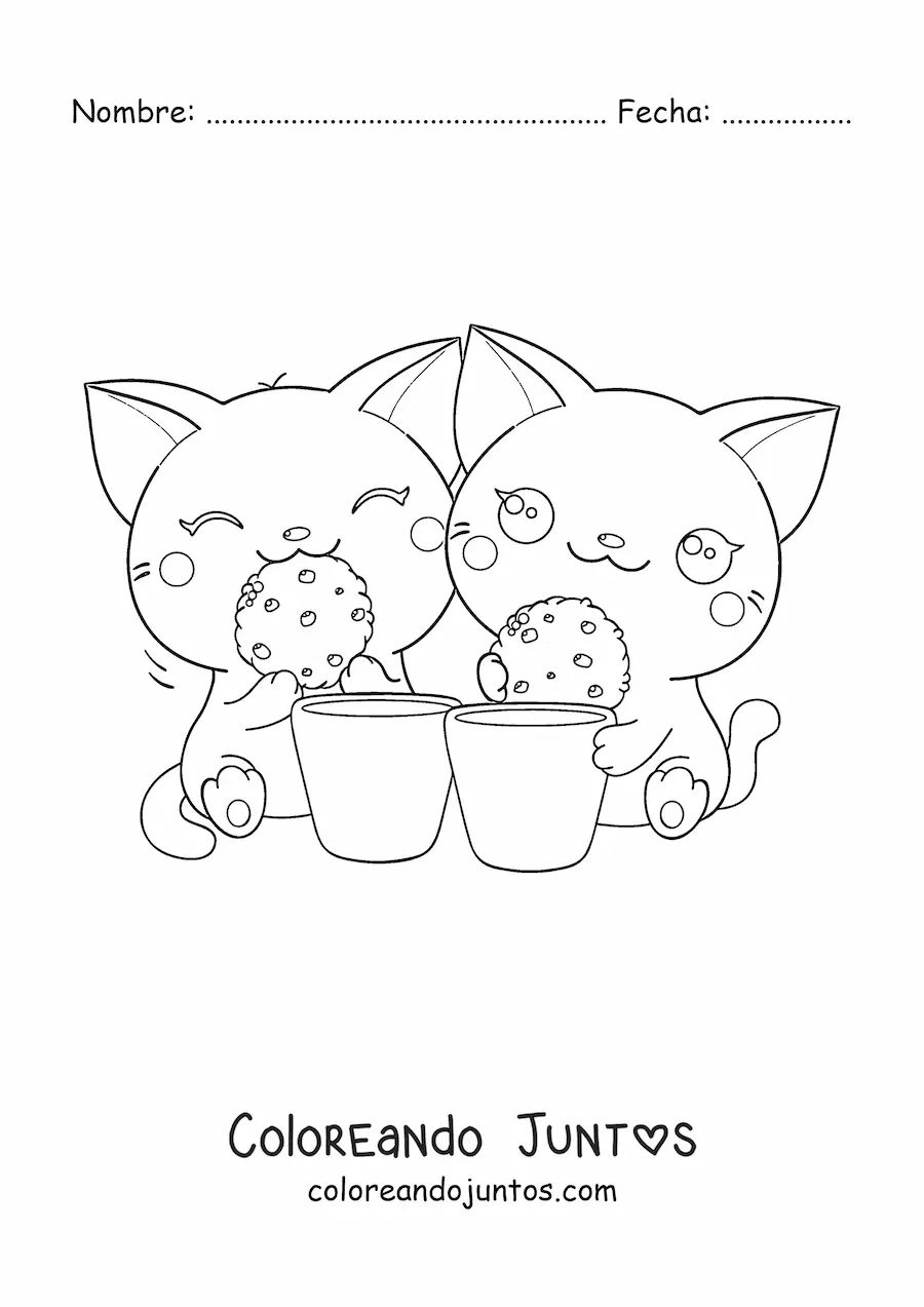 Imagen para colorear de pareja de gatos kawaii comiendo galletas con leche