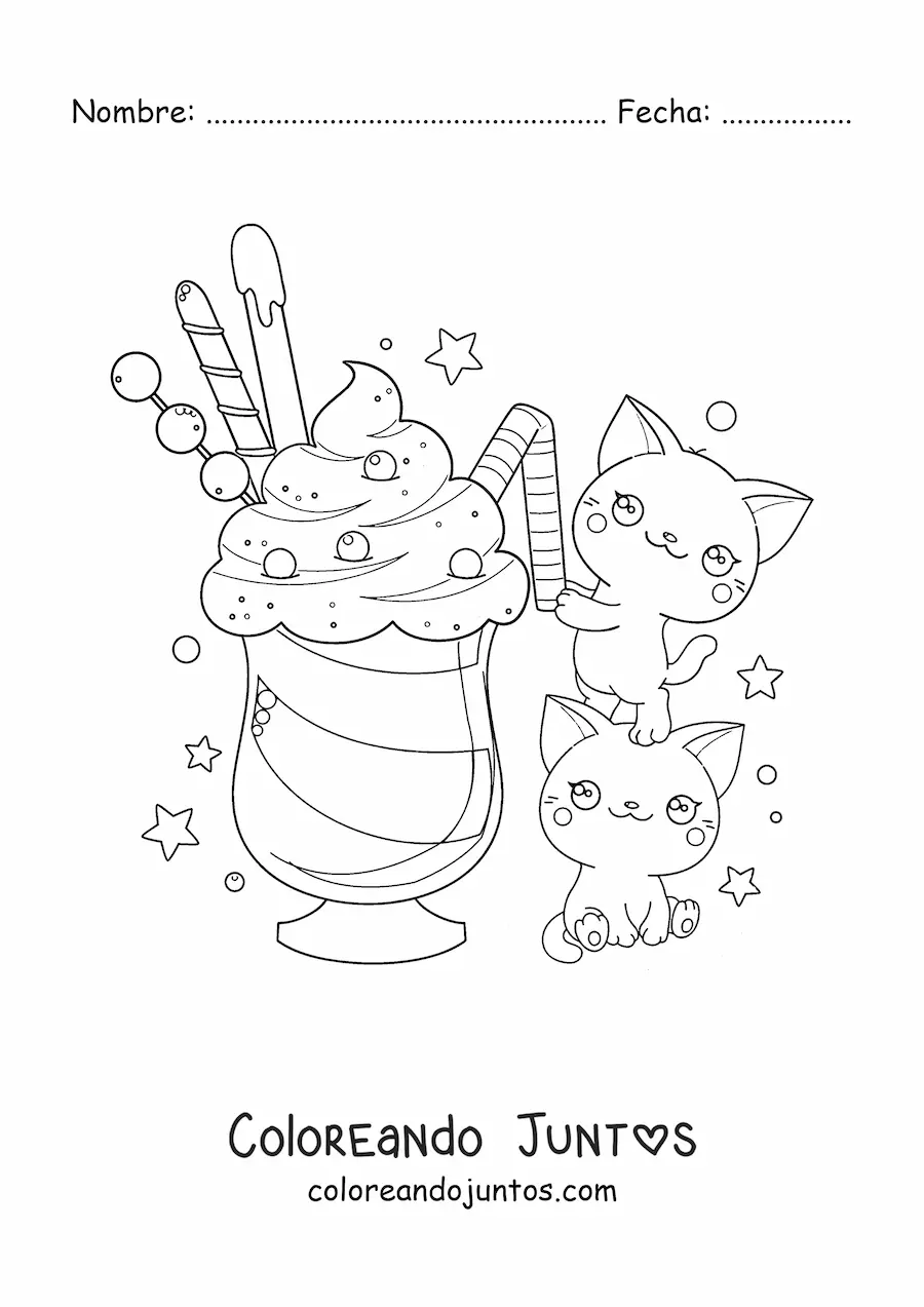 Imagen para colorear de pareja de gatos kawaii tomando un helado