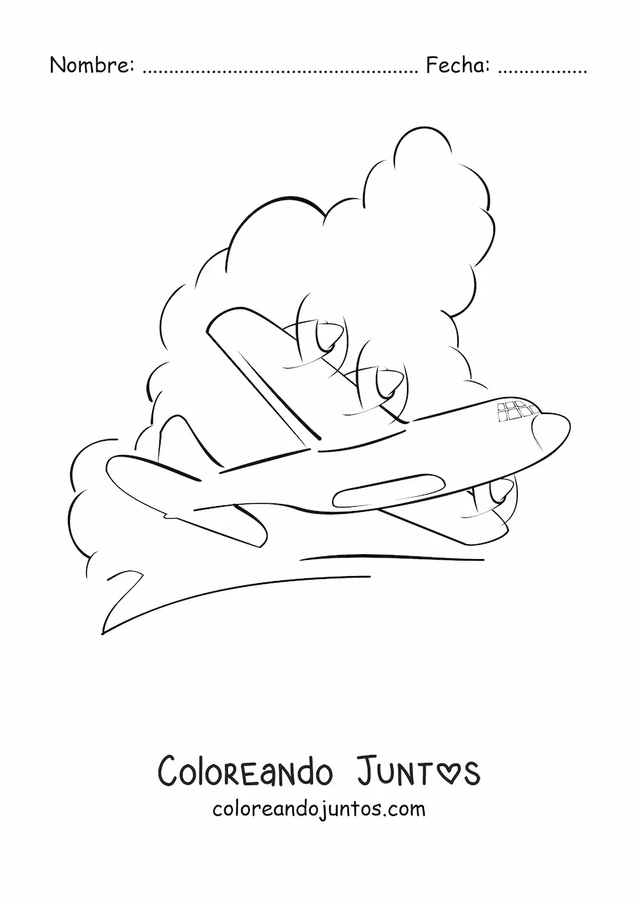 Imagen para colorear de un avión volando con nubes de fondo