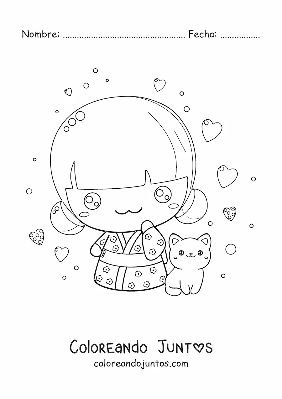 Imagen para colorear de chica japonesa chibi con un gato kawaii