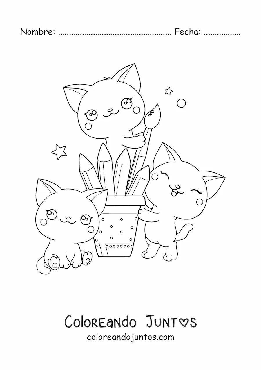 Imagen para colorear de gatos kawaii con pinceles y materiales de dibujo