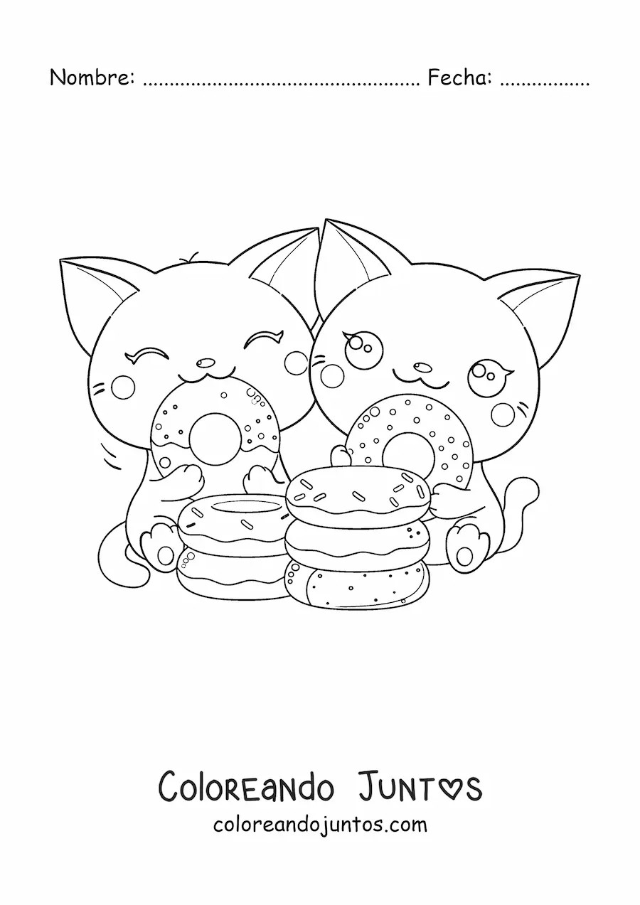 Imagen para colorear de pareja de gatos kawaii comiendo donas