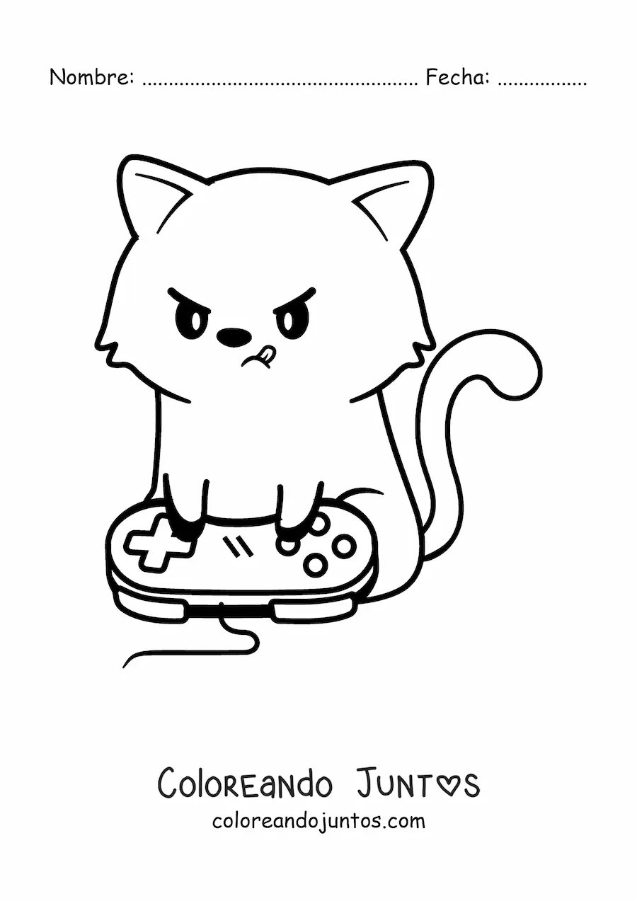 Imagen para colorear de gato kawaii animado jugando videojuegos