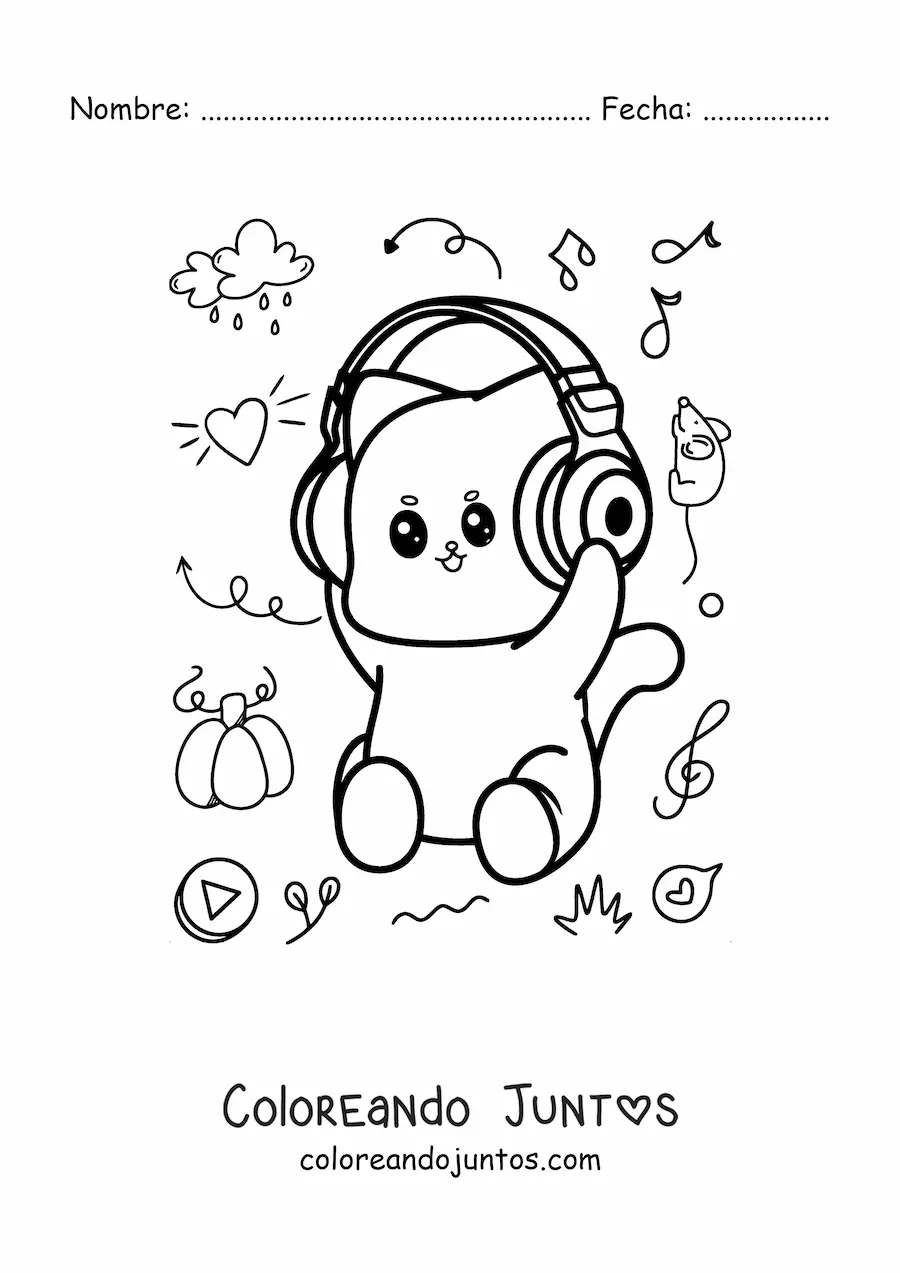 Imagen para colorear de gato kawaii animado escuchando música con audífonos