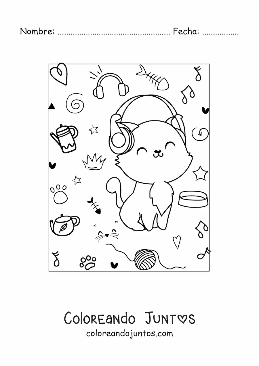Imagen para colorear de gato kawaii animado sentado con audífonos