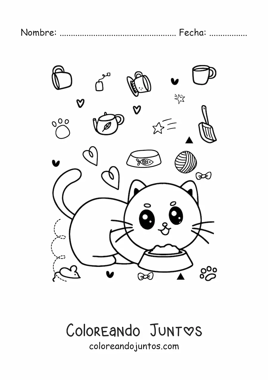 Imagen para colorear de gato kawaii animado comiendo de su plato