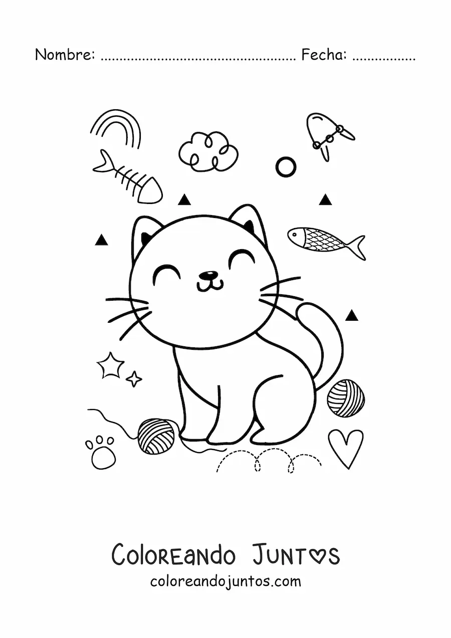 Imagen para colorear de gato kawaii animado feliz