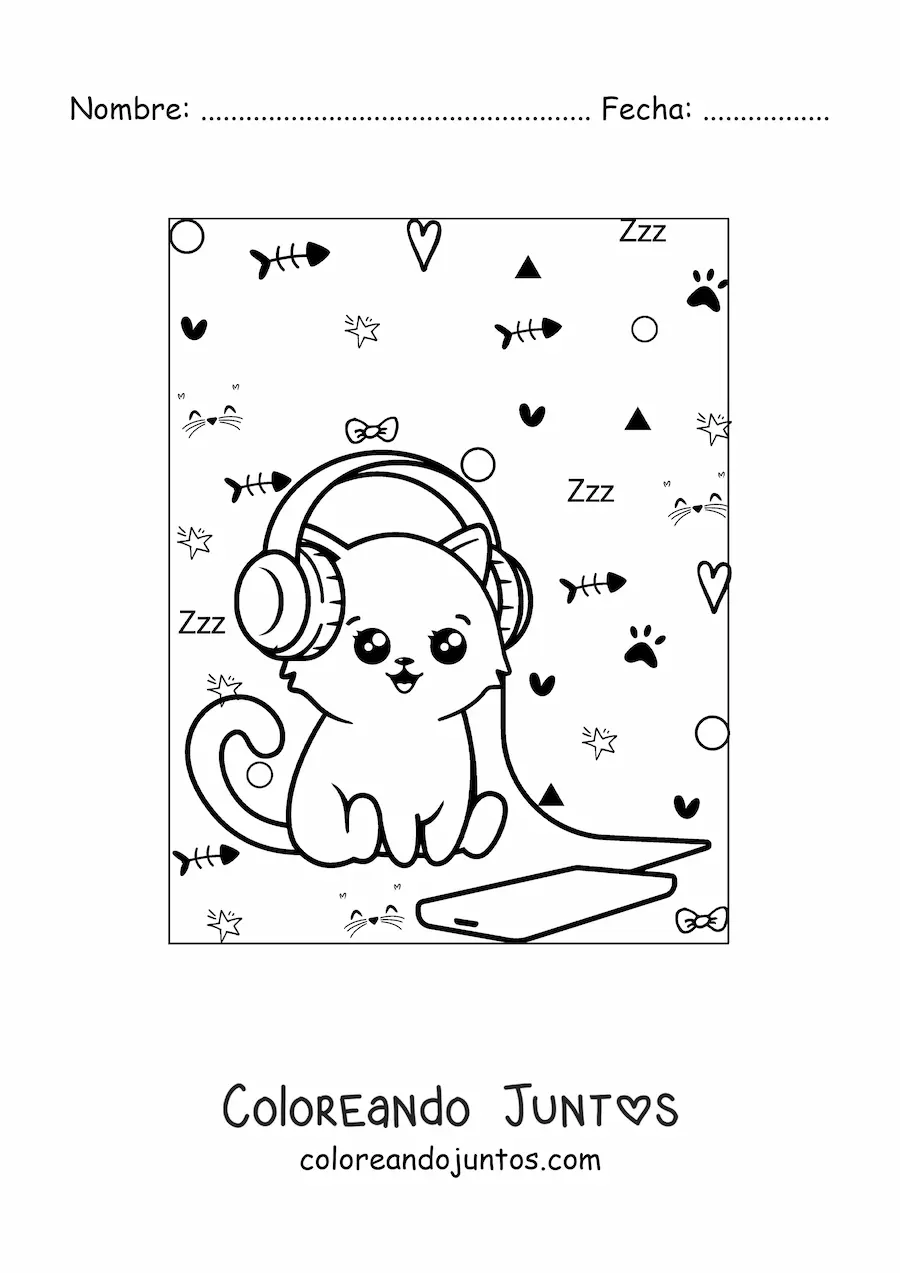 Imagen para colorear de gato kawaii animado escuchando música del teléfono