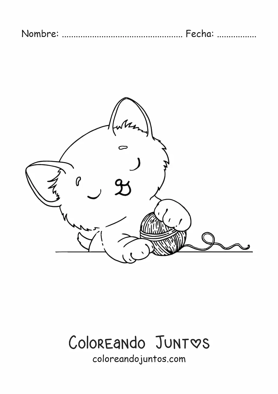 Imagen para colorear de gatito kawaii jugando con estambre