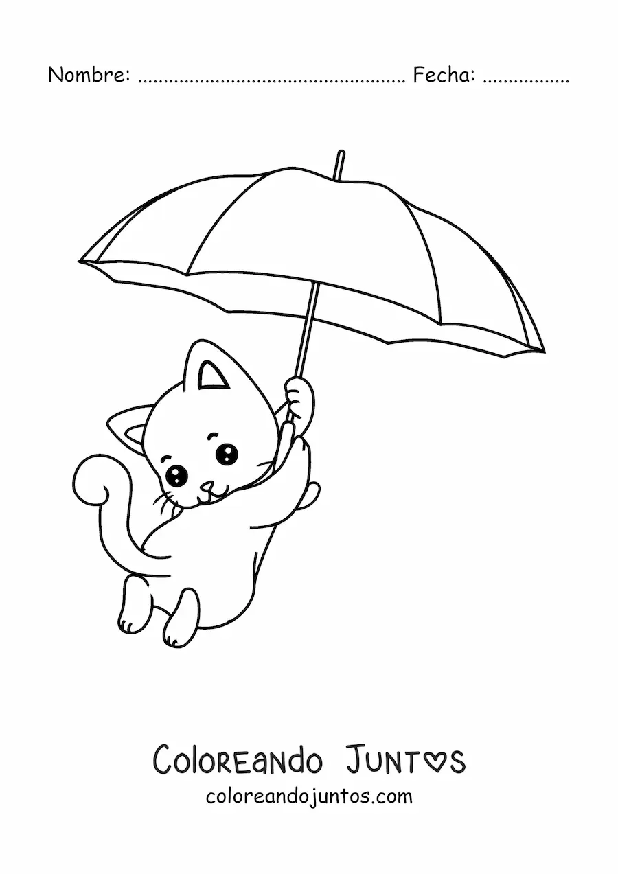 Imagen para colorear de gatito kawaii flotando con una sombrilla