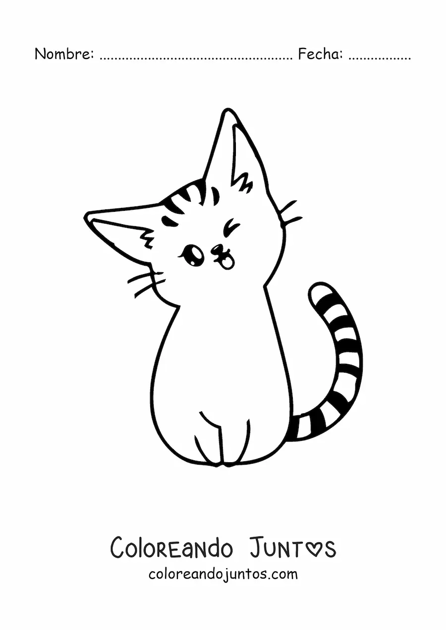 Imagen para colorear de gatito kawaii a rayas sentado