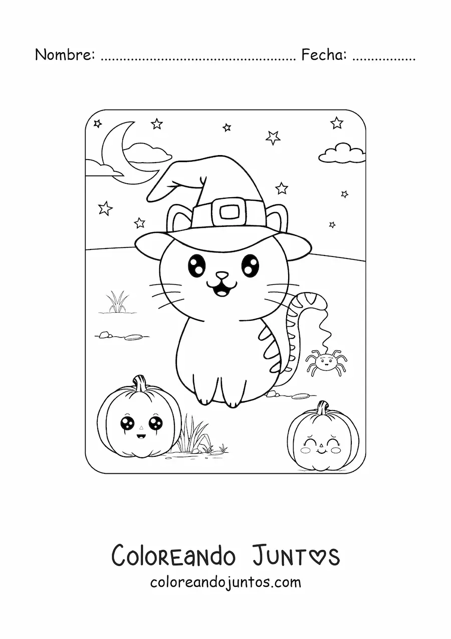 Imagen para colorear de gatito kawaii en Halloween con sombrero de bruja y calabazas