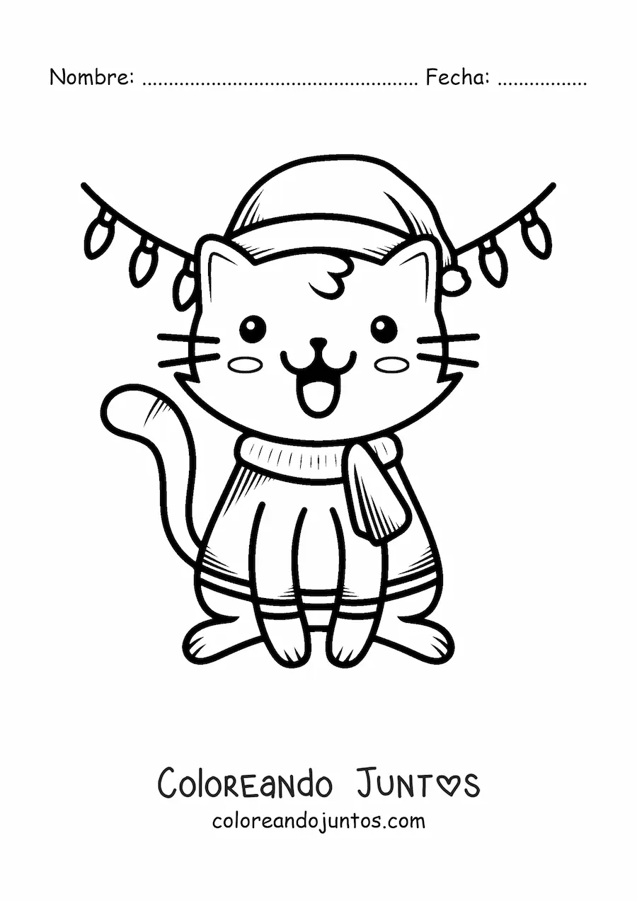 Imagen para colorear de gatito kawaii en Navidad con ropa abrigada