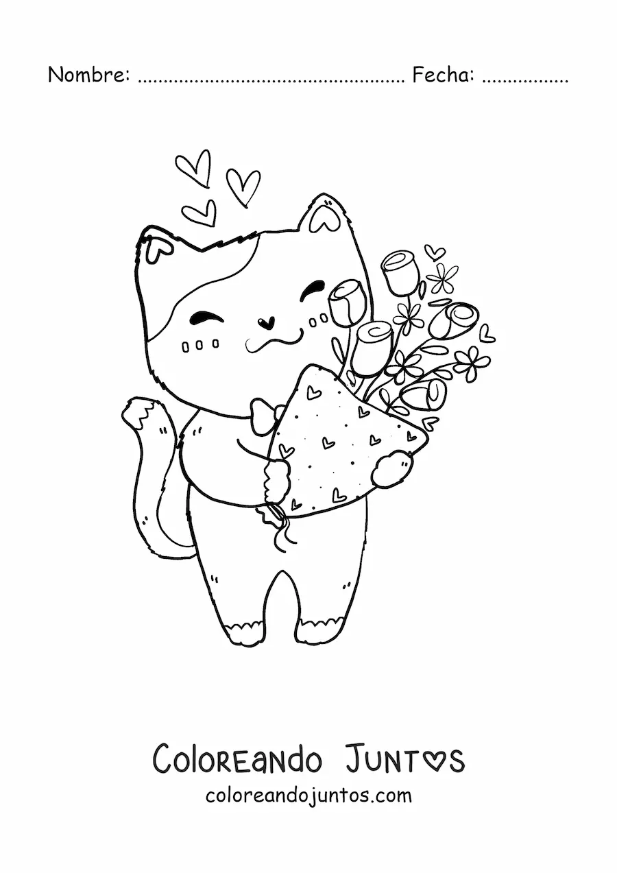 Imagen para colorear de gatito kawaii en San Valentín con ramo de flores