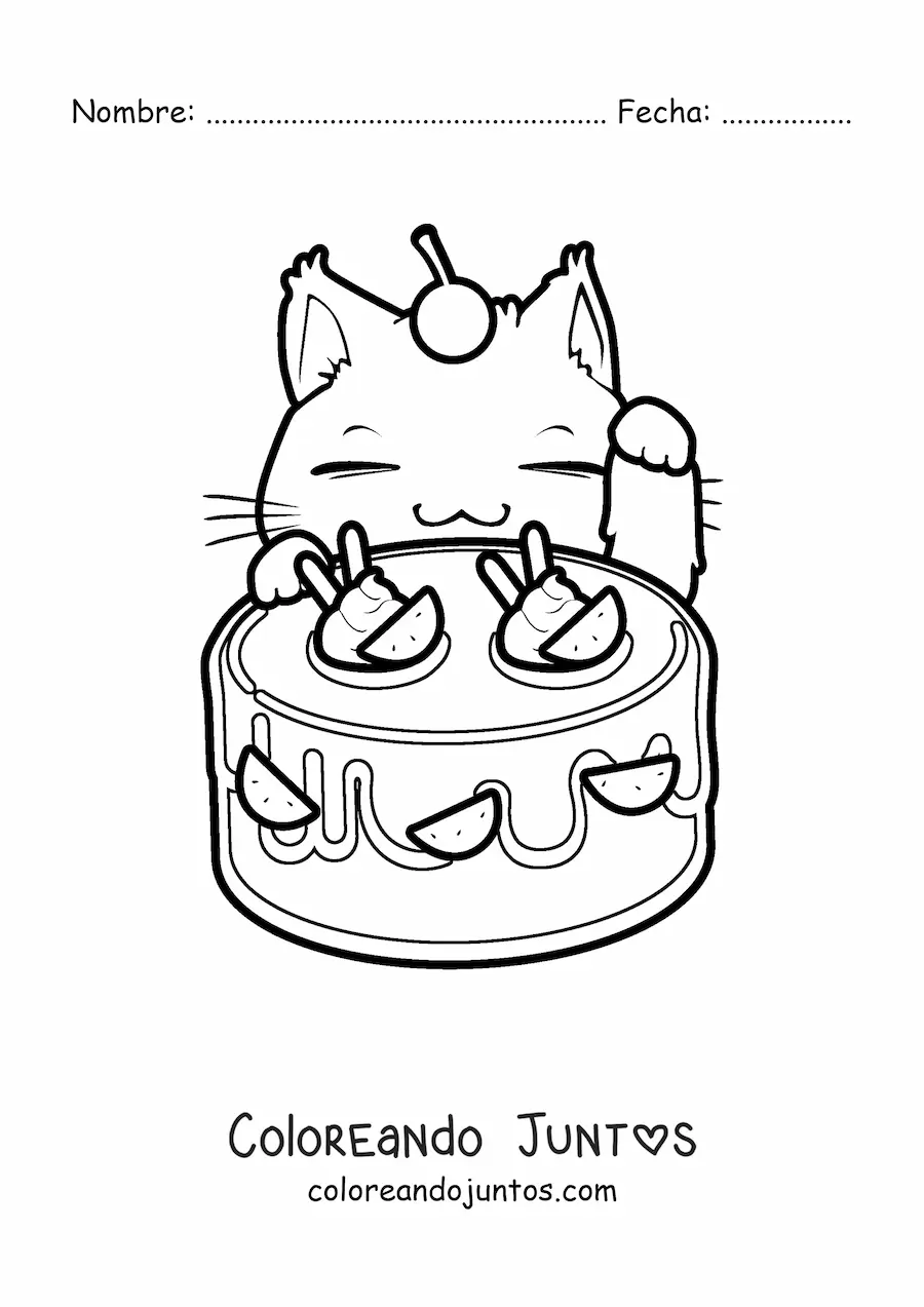 Imagen para colorear de gatito kawaii animado con un pastel de frutas