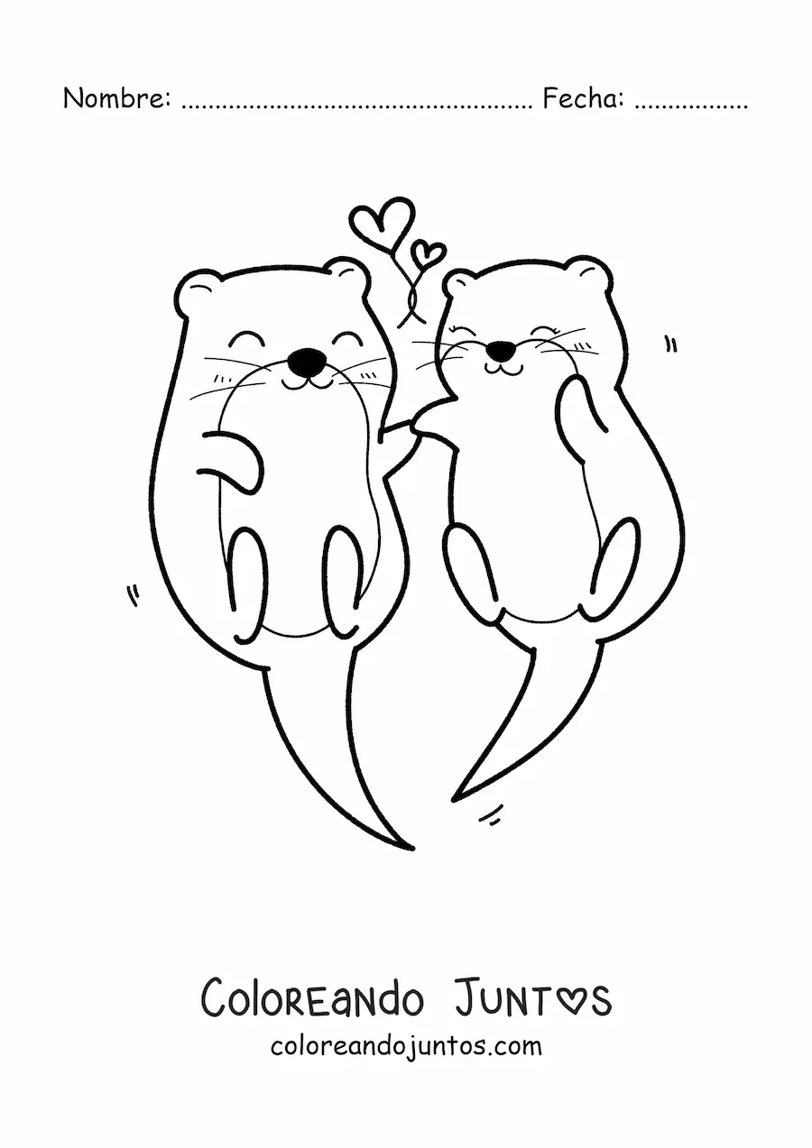 Imagen para colorear de pareja de nutrias kawaii con corazones