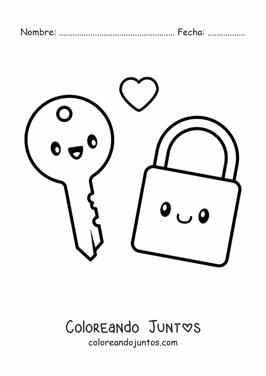 Imagen para colorear de pareja de llave y candado kawaii