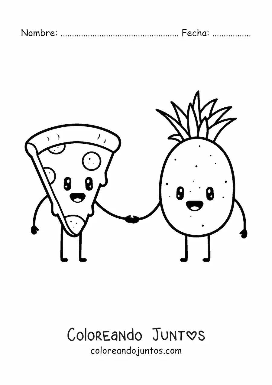 Imagen para colorear de pareja de pizza y piña kawaii