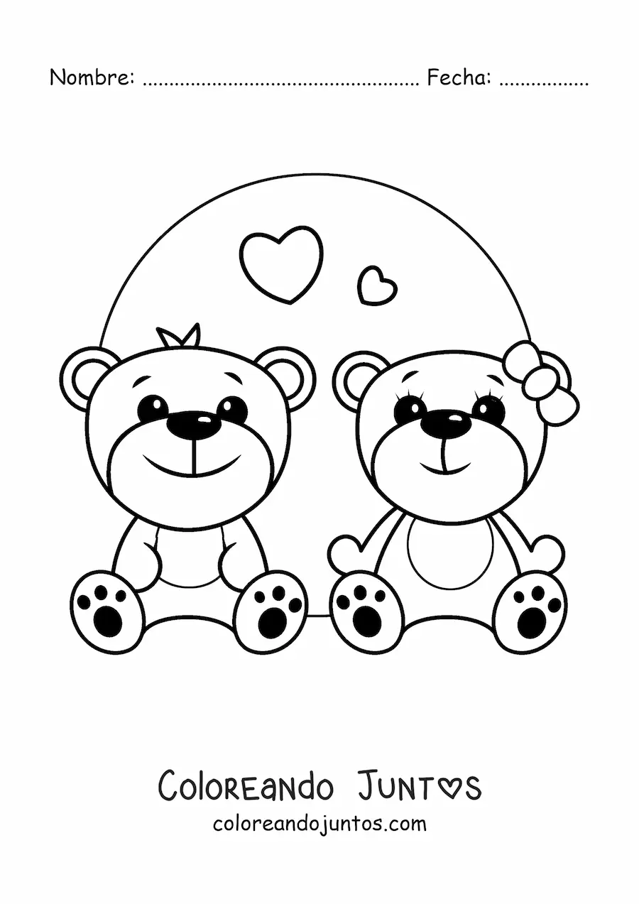Imagen para colorear de pareja de ositos kawaii con corazones