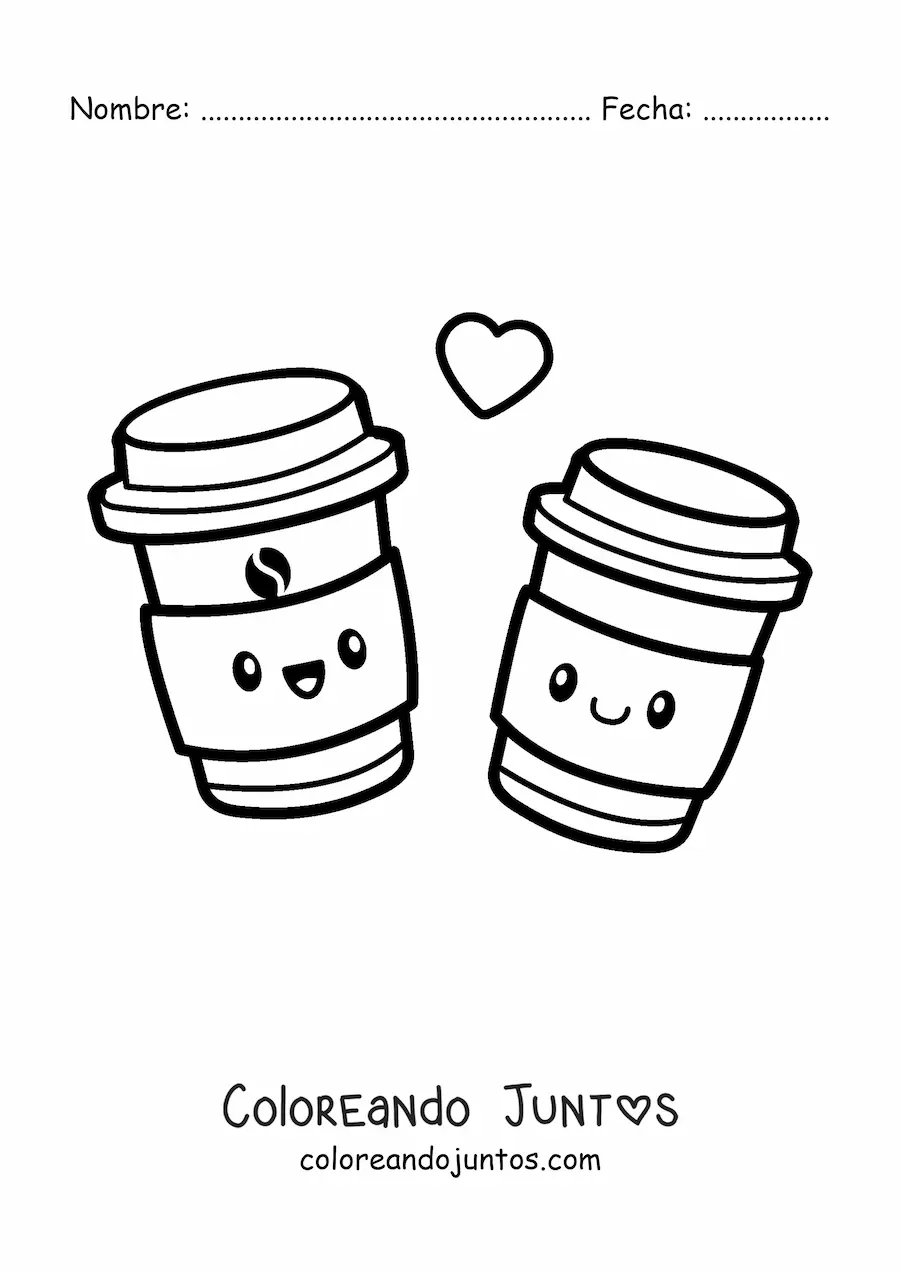 Imagen para colorear de pareja de vasos de café kawaii