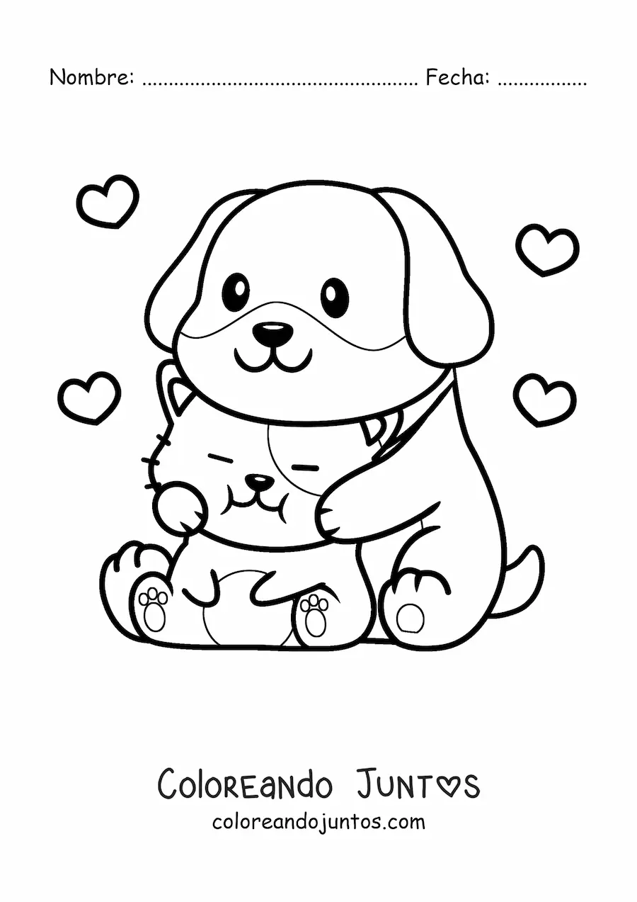 Imagen para colorear de perrito y gatito enamorados