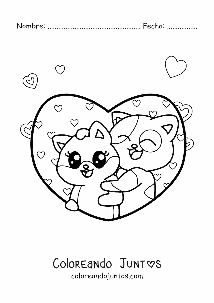 Imagen para colorear de gatos kawaii enamorados