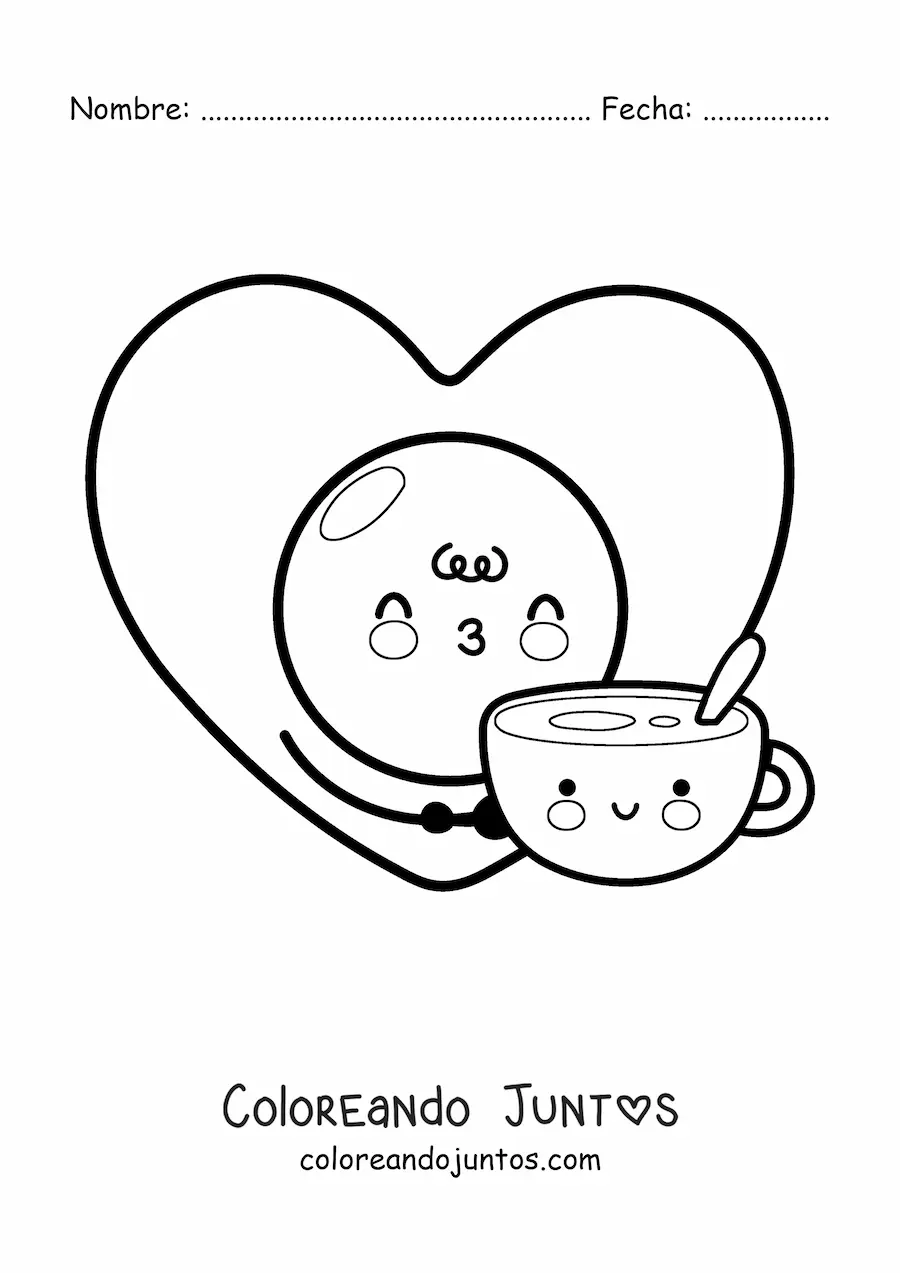 Imagen para colorear de huevo frito y taza de café enamorados