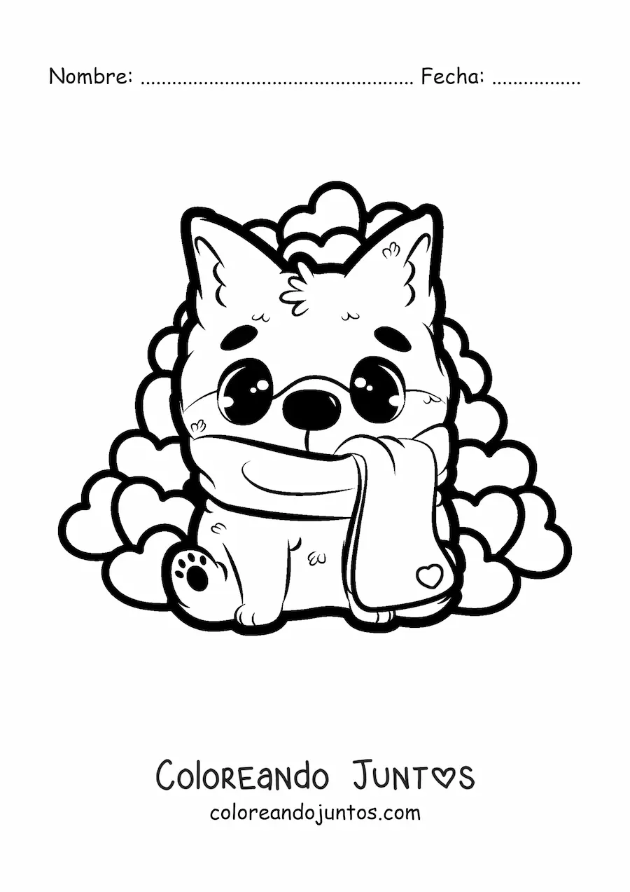 Imagen para colorear de perro kawaii sentado con corazones
