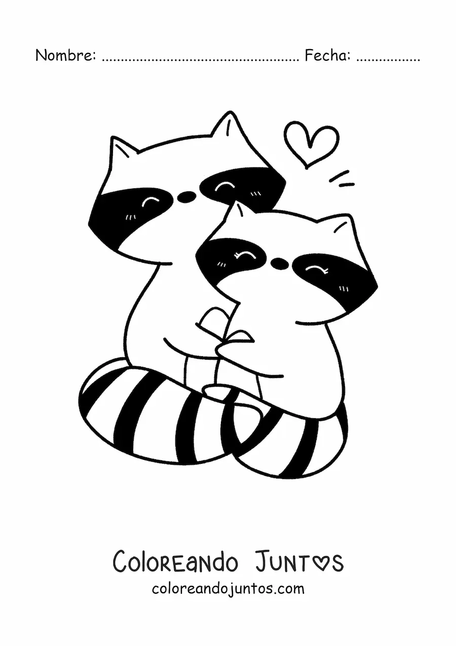 Imagen para colorear de pareja de mapaches kawaii