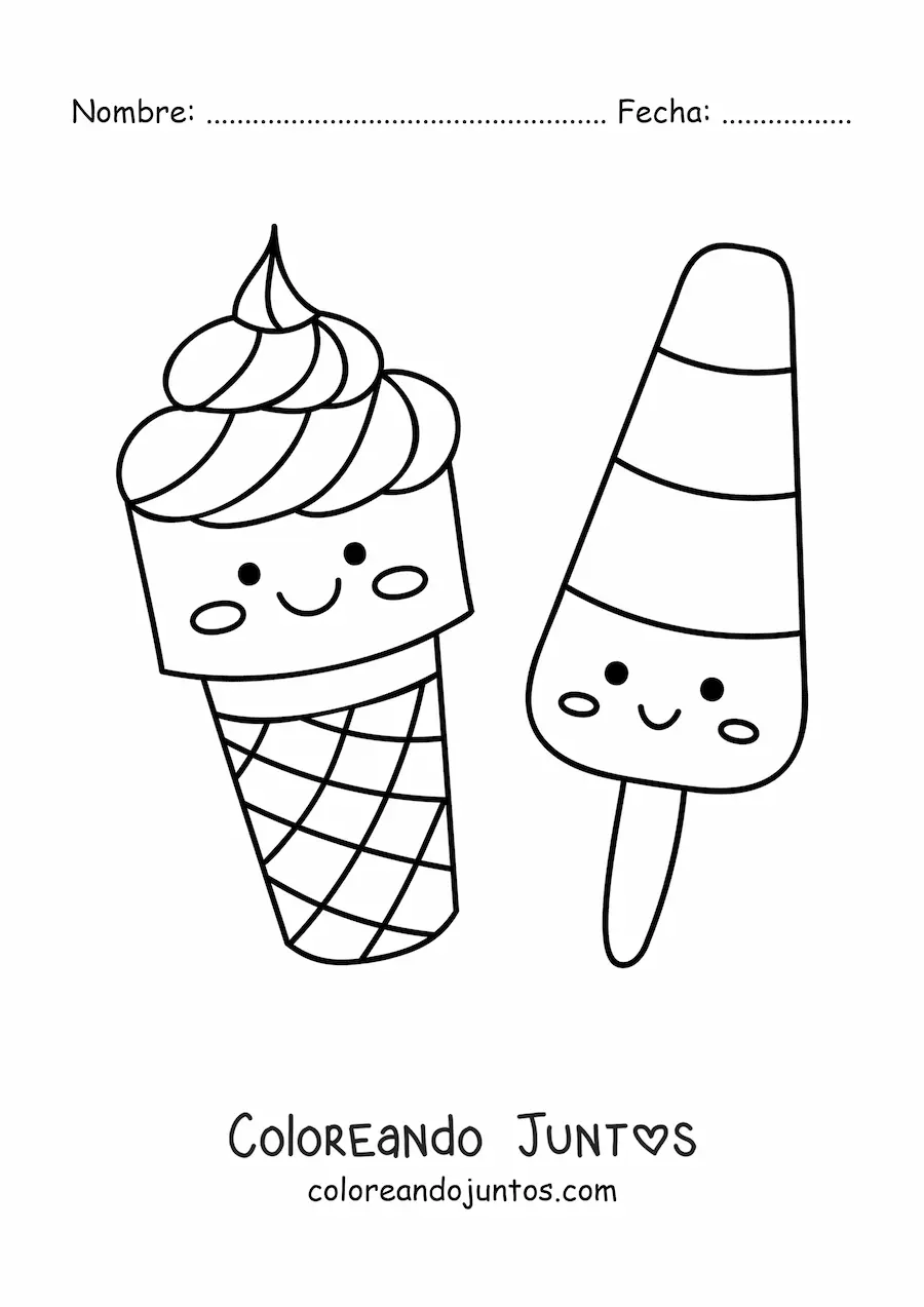 Imagen para colorear de barquilla kawaii y paleta helada kawaii