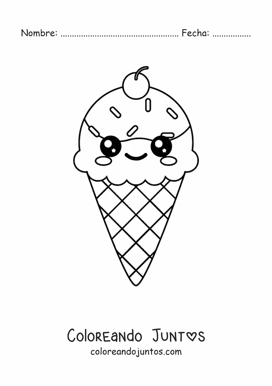 Imagen para colorear de barquilla de helado kawaii fácil
