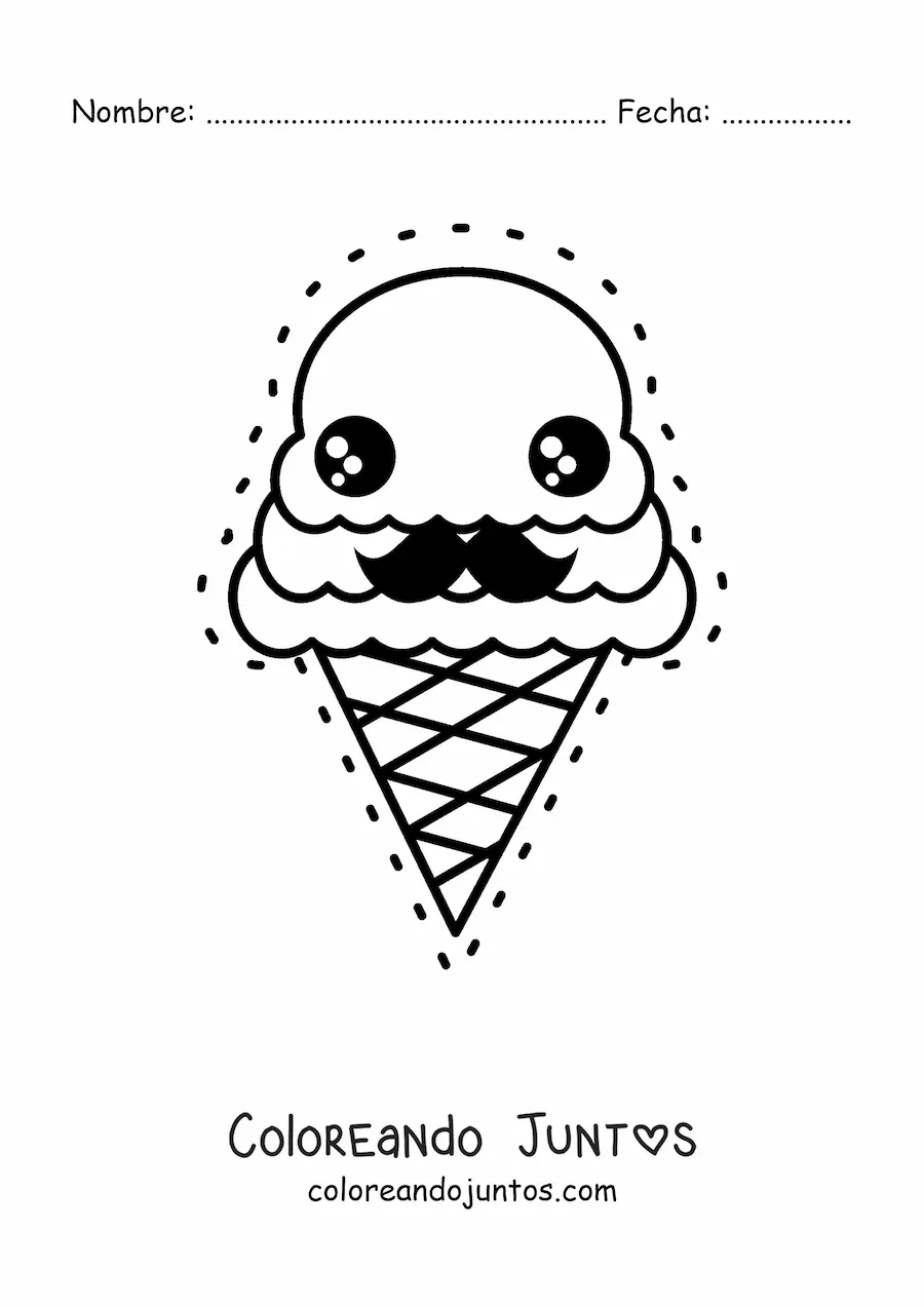 Imagen para colorear de tierno cono de helado kawaii con mostacho