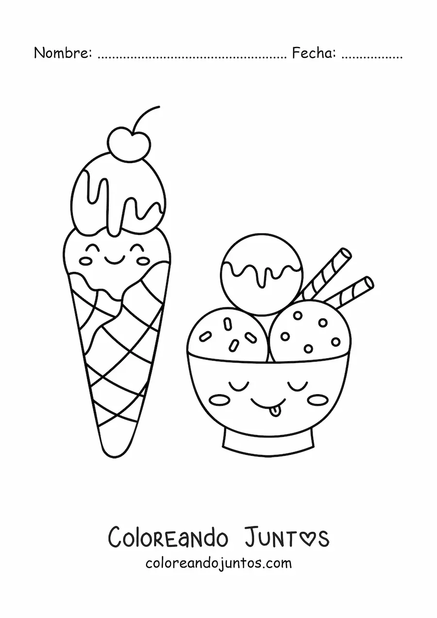 Imagen para colorear de helado de barquilla junto a copa de helado kawaii