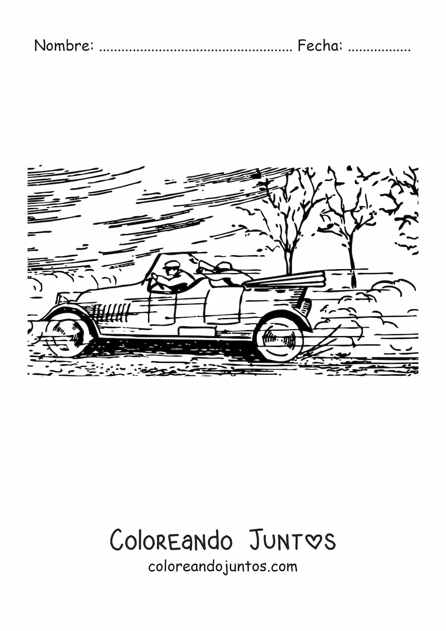 Imagen para colorear de un auto a toda velocidad con árboles de fondo