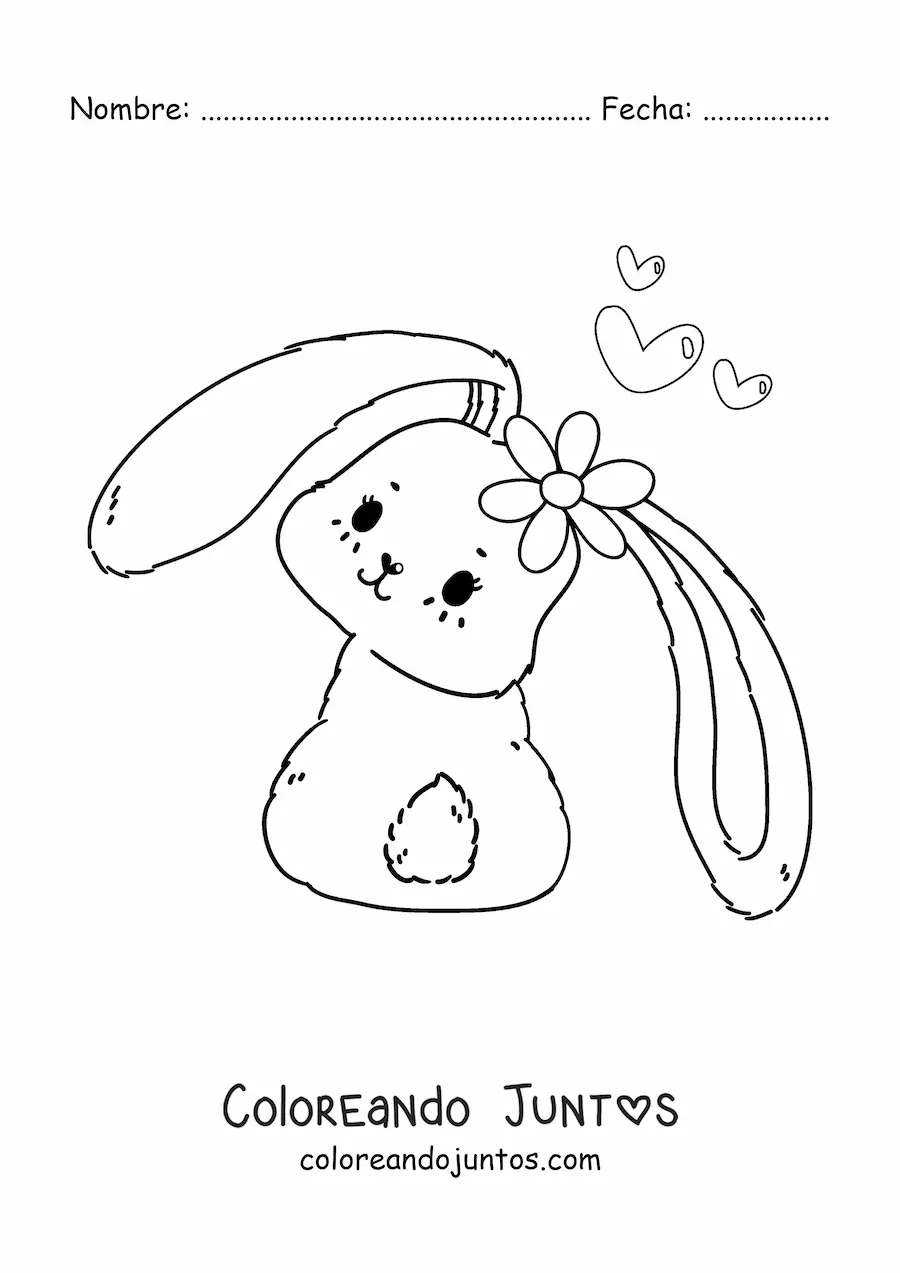 Imagen para colorear de conejito tierno kawaii con una flor y corazones