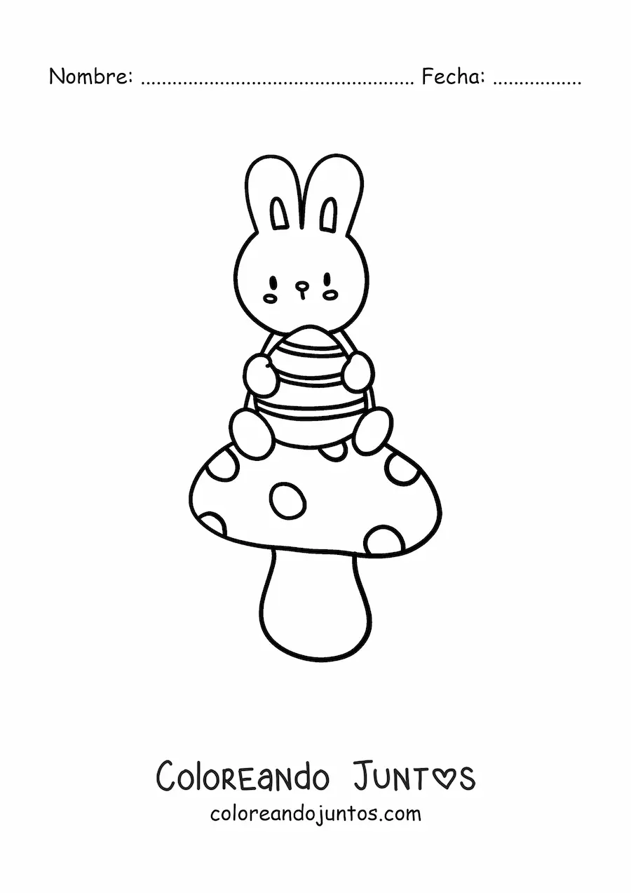 Imagen para colorear de conejo kawaii sentado en un hongo con un huevo de Pascua