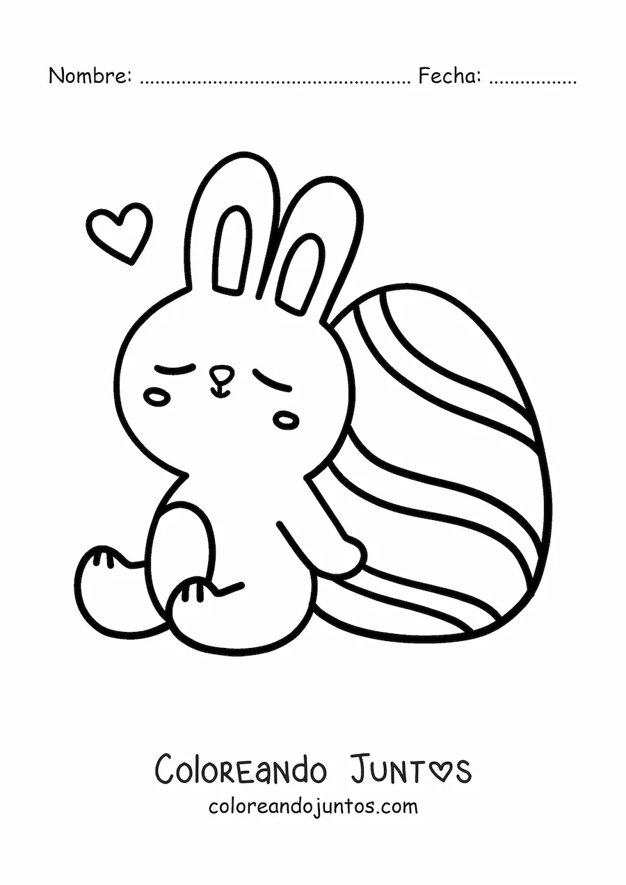 Imagen para colorear de tierno conejo sentado junto a un huevo de Pascua