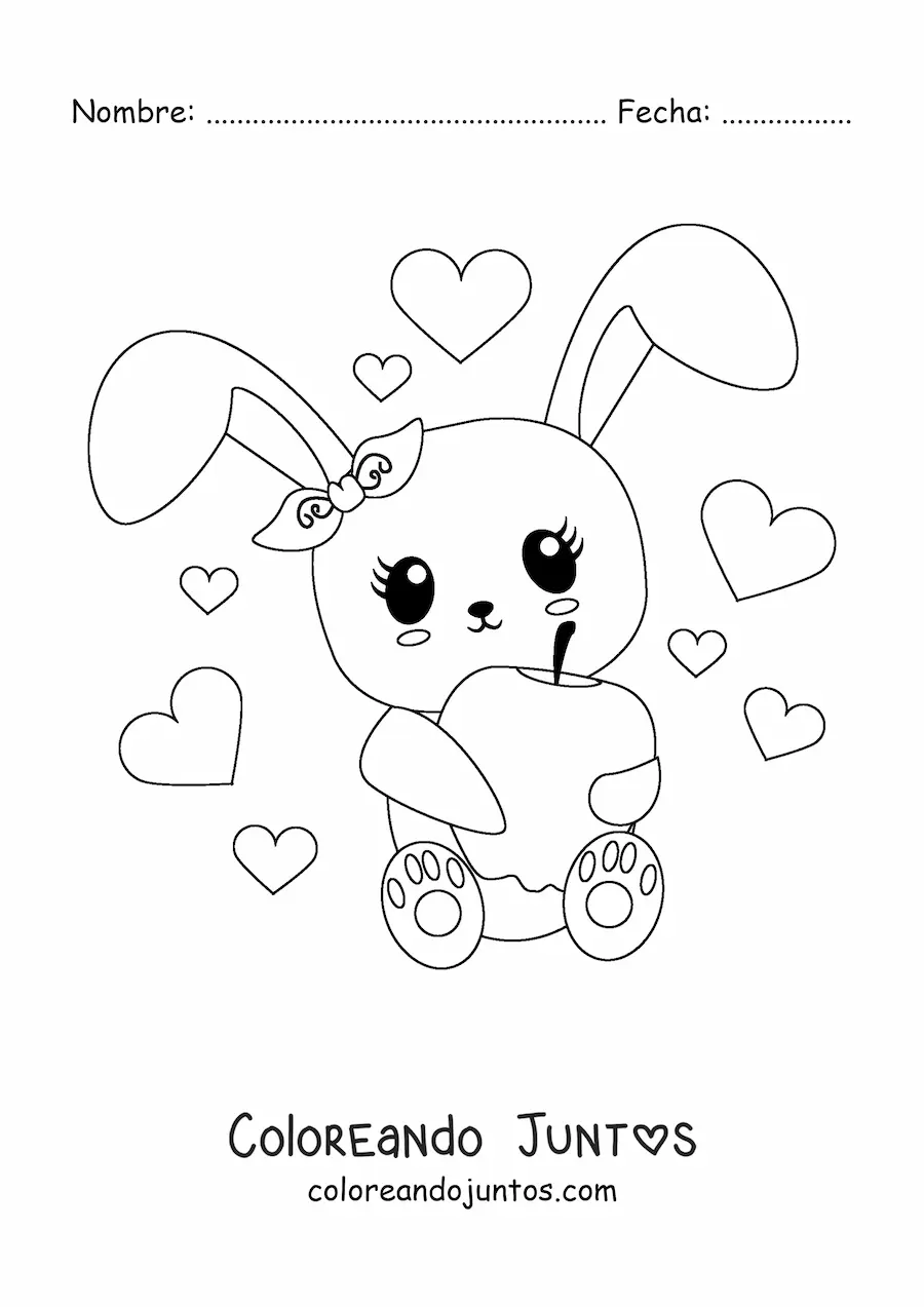 Imagen para colorear de conejo kawaii animado sentado con una manzana y corazones de fondo