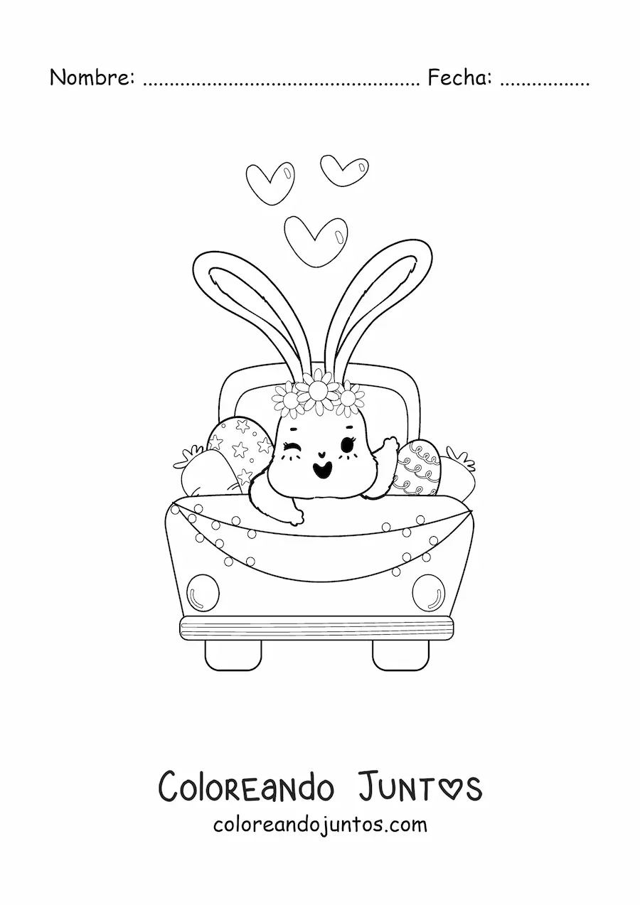Imagen para colorear de conejito tierno animado en un auto con huevos de Pascua