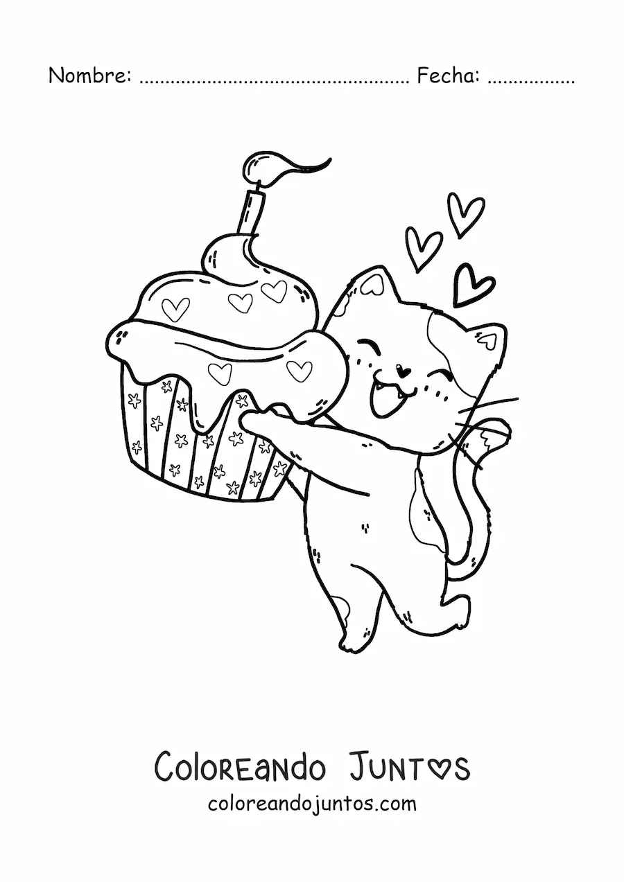 Imagen para colorear de gatito kawaii con un cupcake de cumpleaños