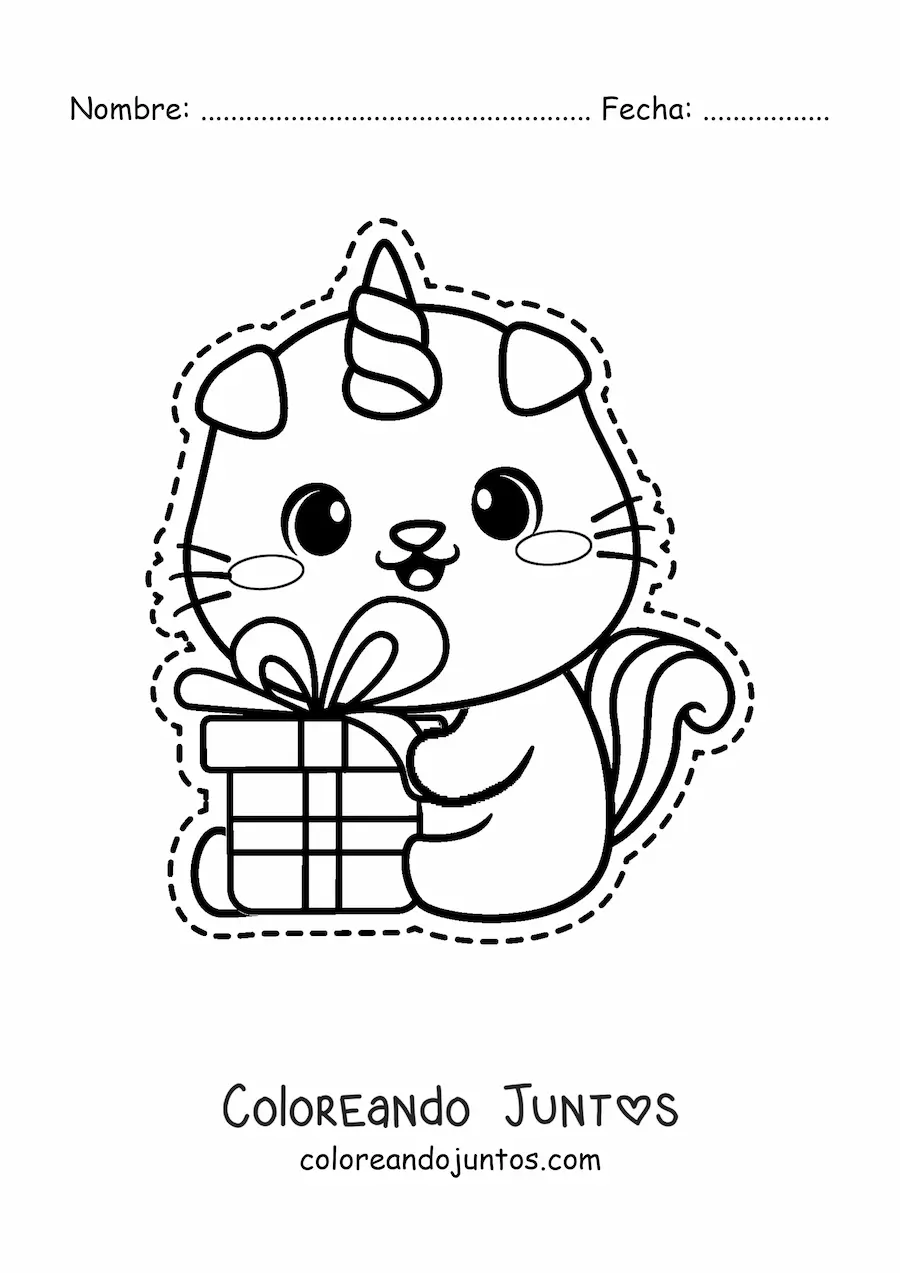 Imagen para colorear de gaticornio kawaii con un regalo de cumpleaños