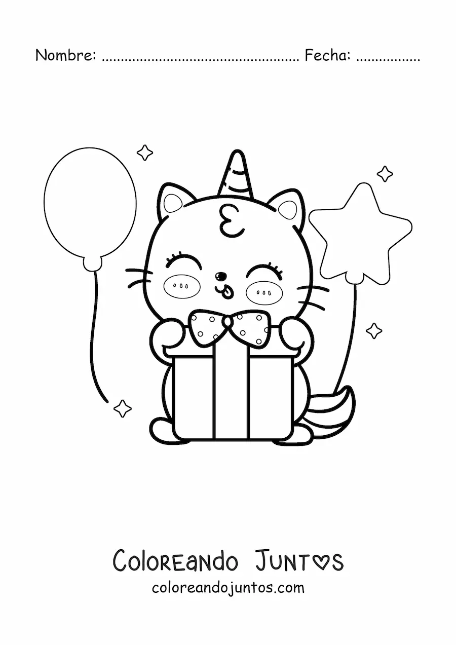 Imagen para colorear de gaticornio kawaii abriendo un regalo de cumpleaños