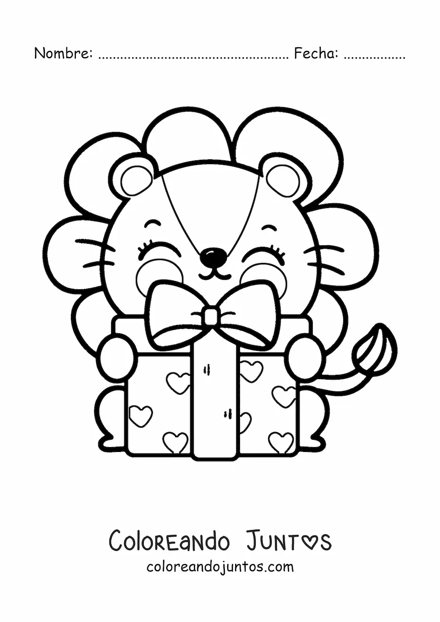 Imagen para colorear de león kawaii animado con un regalo de cumpleaños