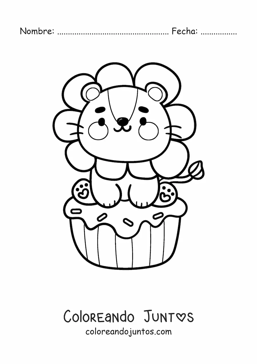 Imagen para colorear de león tierno animado en un cupcake de cumpleaños